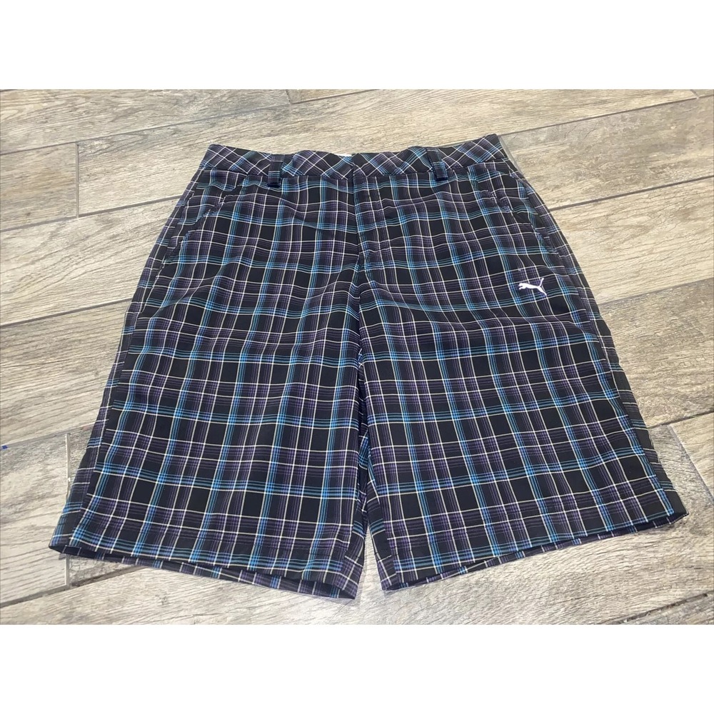 Puma Golf Shorts Mens Size 32‎ Black Gray Plaid Dry Cell Flat Front